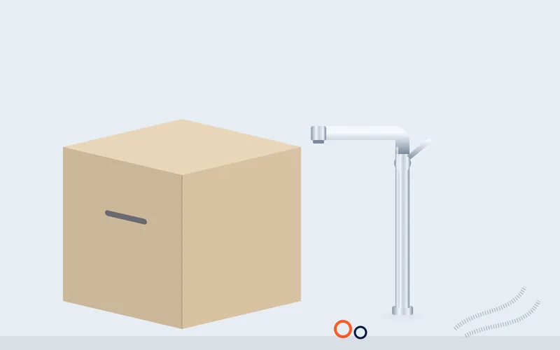 Illustratie van een nieuwe mengkraan naast een kartonnen doos en aansluitslangen