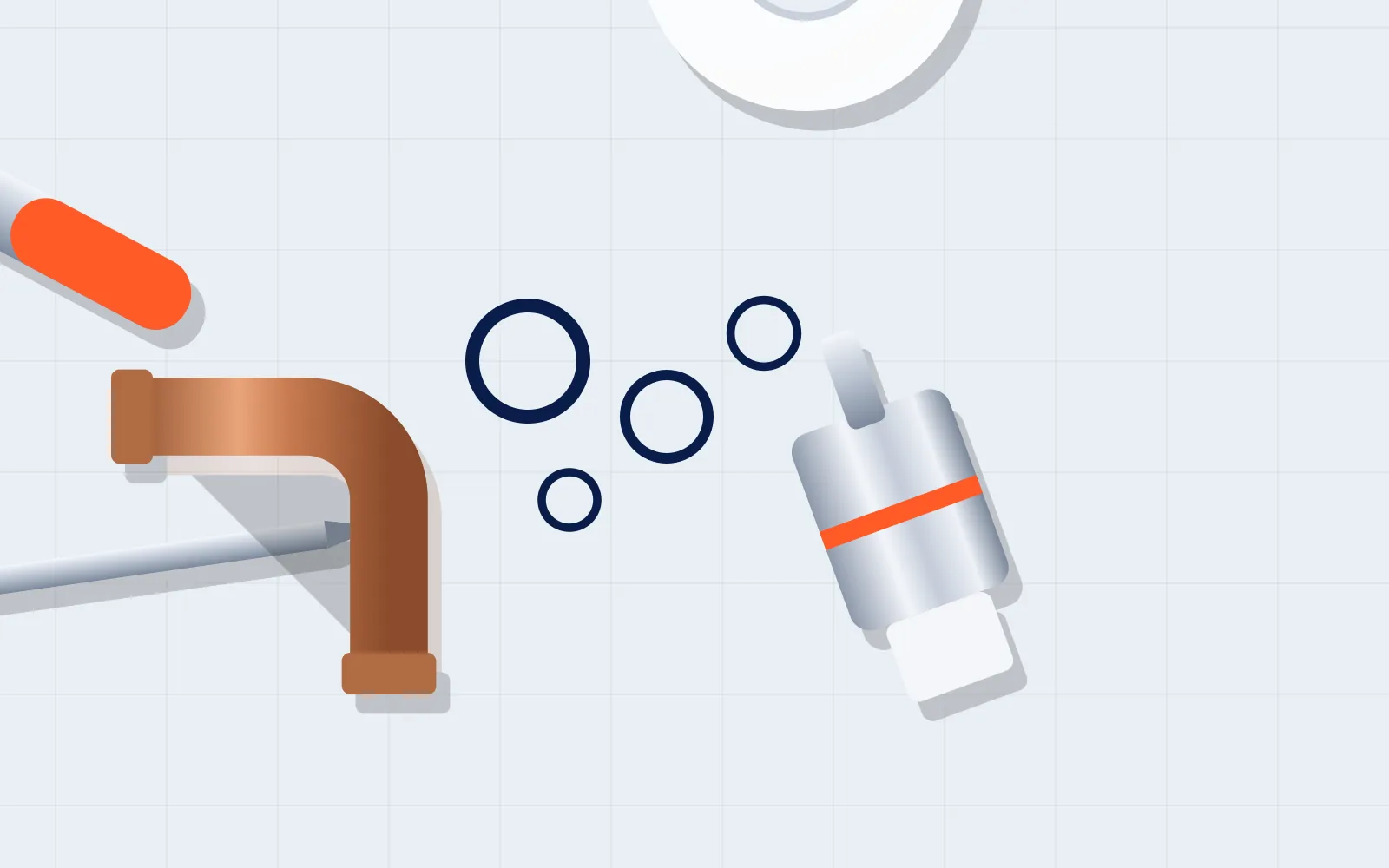 Illustratie van gereedschap, afdichtringen en een cartouche op een lichte ondergrond