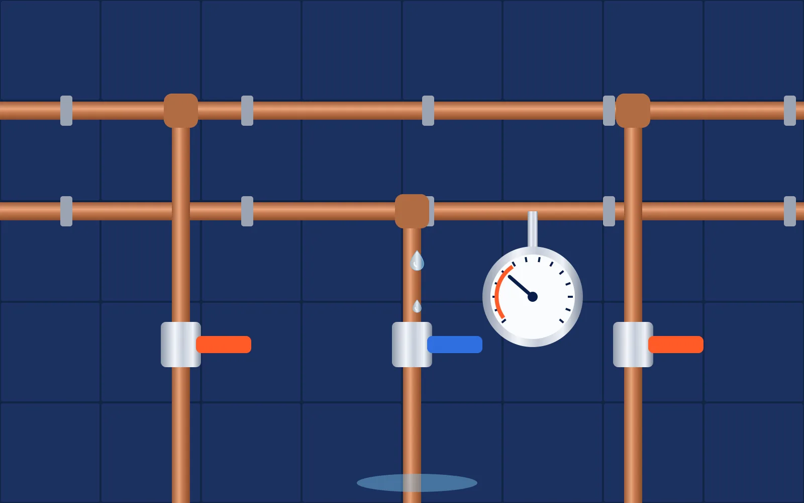 Illustratie van waterleidingen met afsluiters tegen een donkerblauwe tegelwand