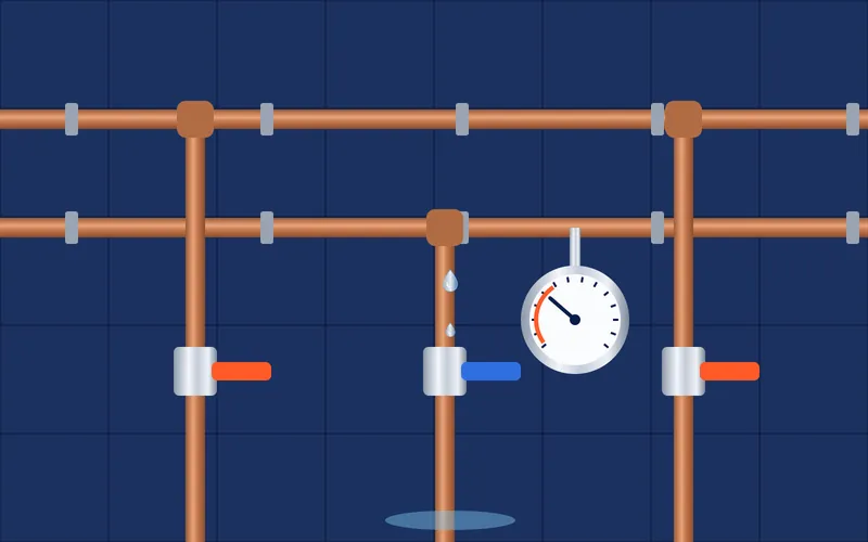 Illustratie van waterleidingen met afsluiters tegen een donkerblauwe tegelwand