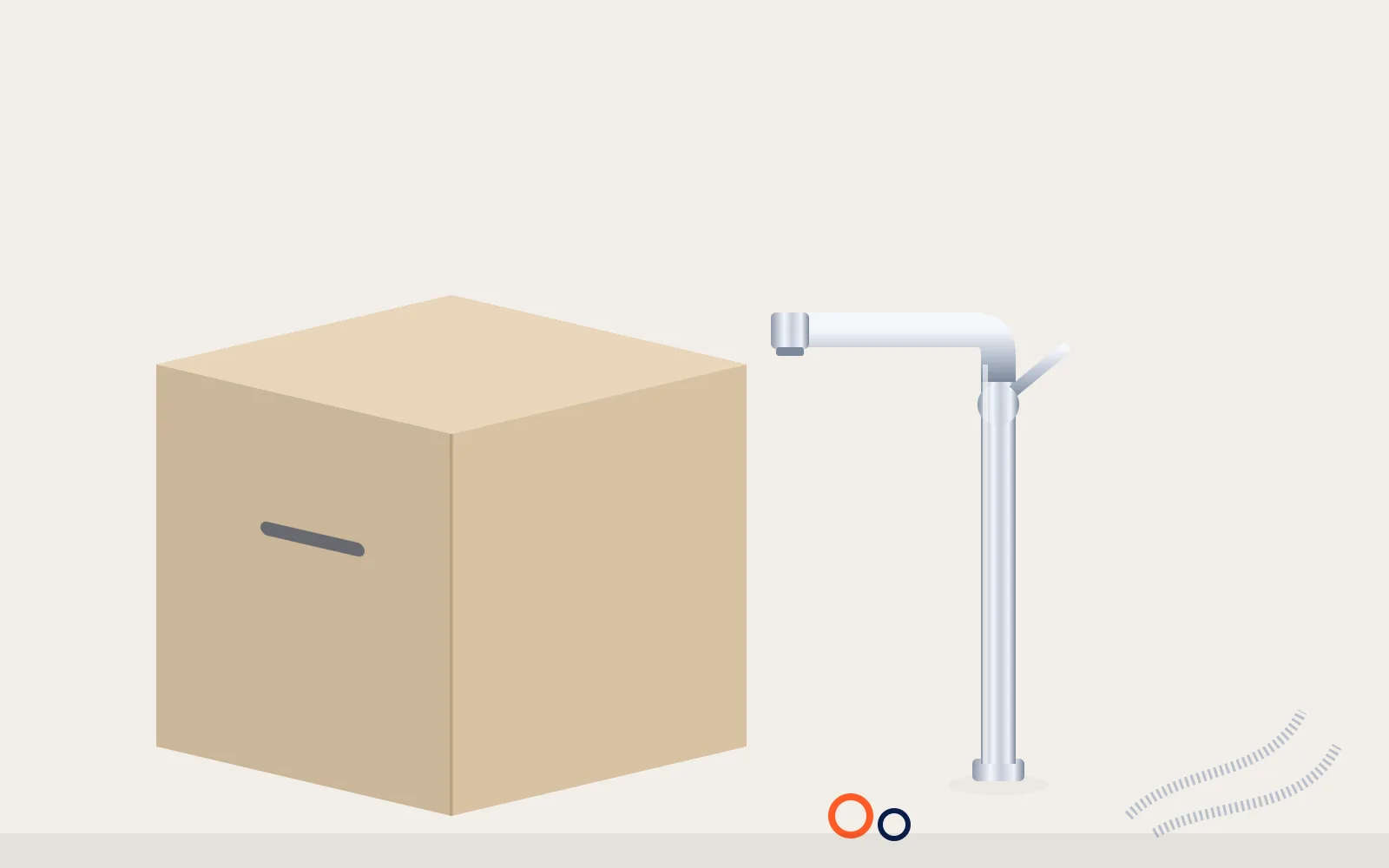 Illustratie van een nieuwe mengkraan naast een verpakkingsdoos met aansluitslangen en afdichtringen