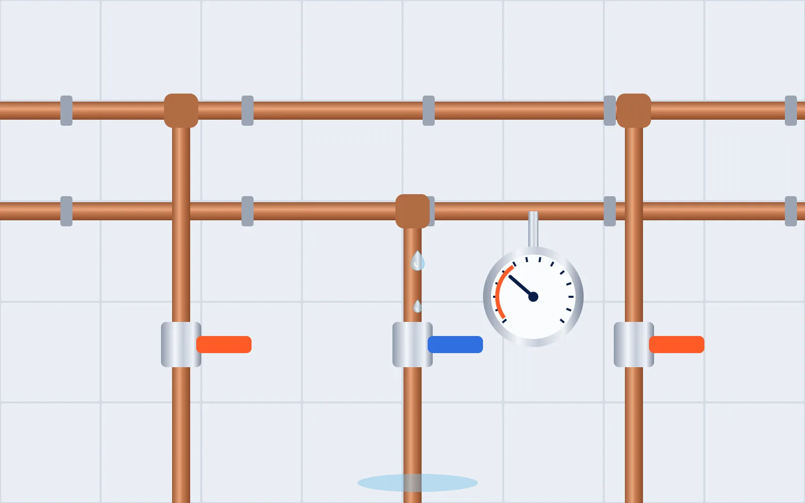 Illustratie van koperen waterleidingen met afsluiters, een manometer en een lekkende verbinding