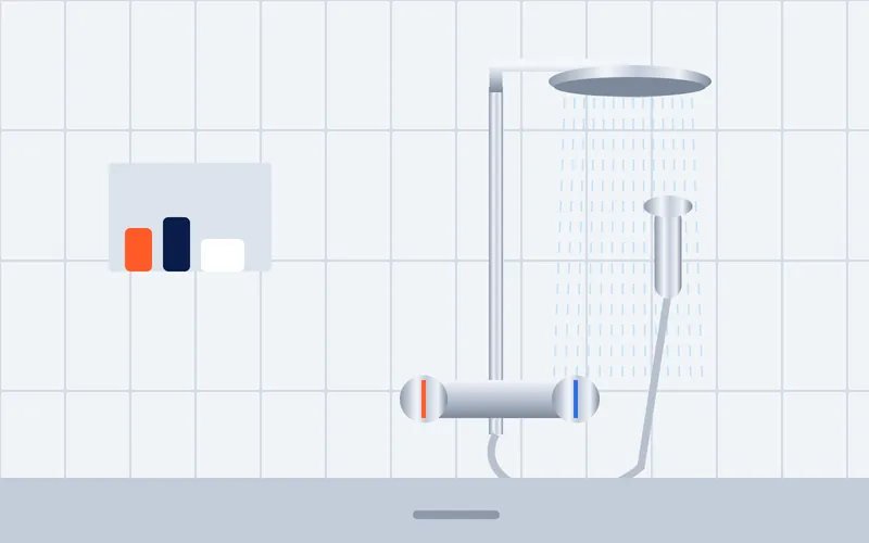 Illustratie van een betegelde douche met thermostaatkraan
