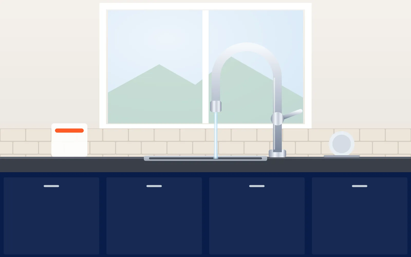 Illustratie van een keuken met een hoge mengkraan voor een raam