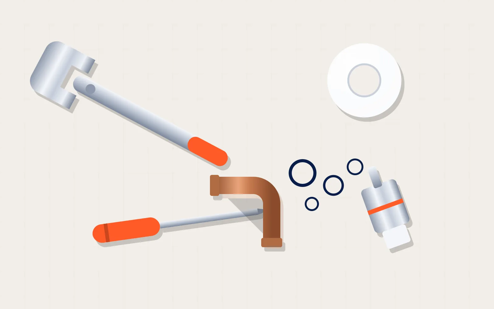 Illustratie van gereedschap en kraanonderdelen op een lichte ondergrond